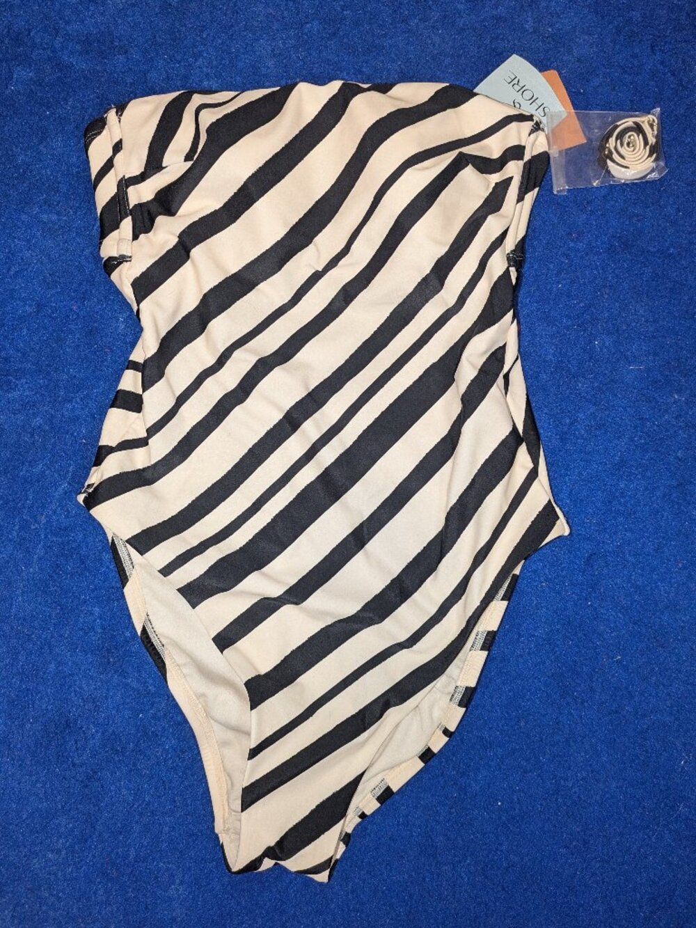 NWT Shade & Shore Black & Cream-Striped Bandeau One-Piece Swimsuit - Size M